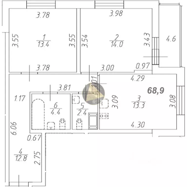 Квартира, 2 комнаты, 68.9 м - Фото 1
