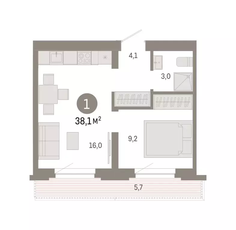 1-комнатная квартира: Тюмень, Причальная улица, 7 (38.05 м) - Фото 1