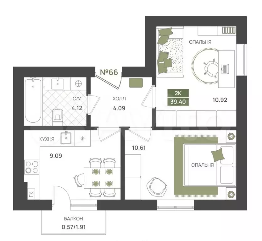 2-к. квартира, 39,5 м, 3/5 эт. - Фото 1