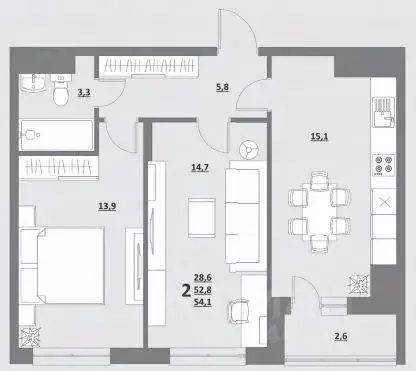 2-к кв. тверская область, тверь ул. сергея лоскутова, 2 (54.1 м) - Фото 1