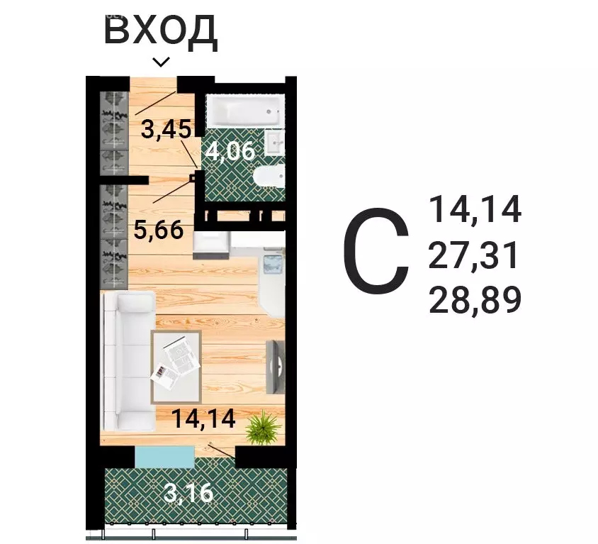 Квартира-студия: Воронеж, улица Лётчика Демьянова, 1 (30.05 м) - Фото 1