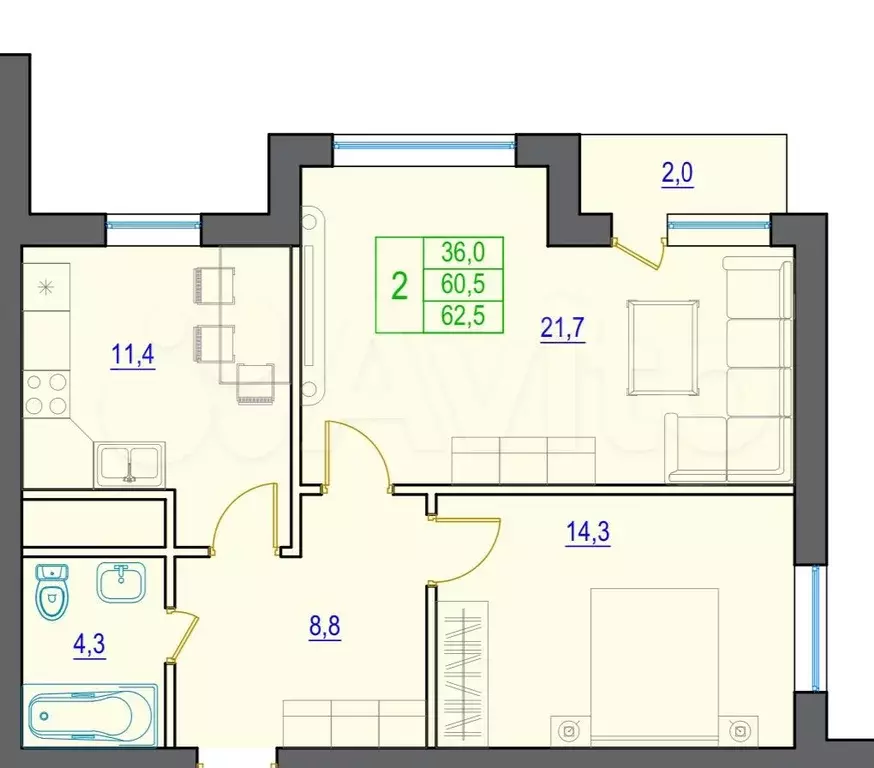 2-к. квартира, 62,5 м, 8/29 эт. - Фото 0