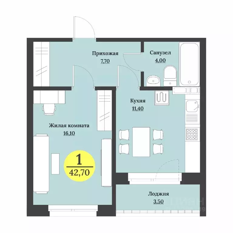 1-к кв. Ставропольский край, Ставрополь Лесная ул., 194 (43.5 м) - Фото 1