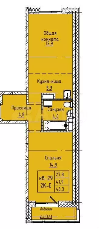 2-к. квартира, 43,3 м, 2/8 эт. - Фото 0