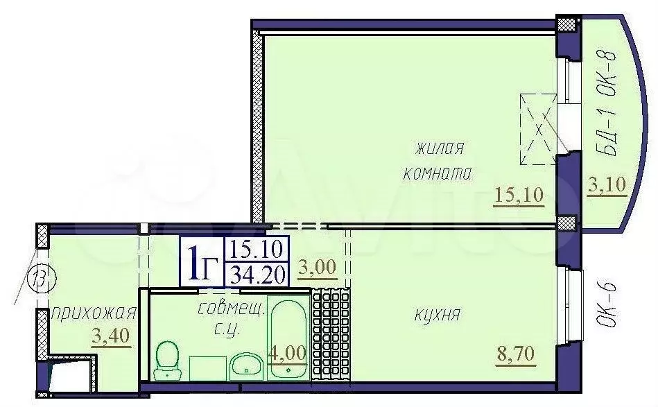 1-к. квартира, 34,2 м, 11/16 эт. - Фото 1