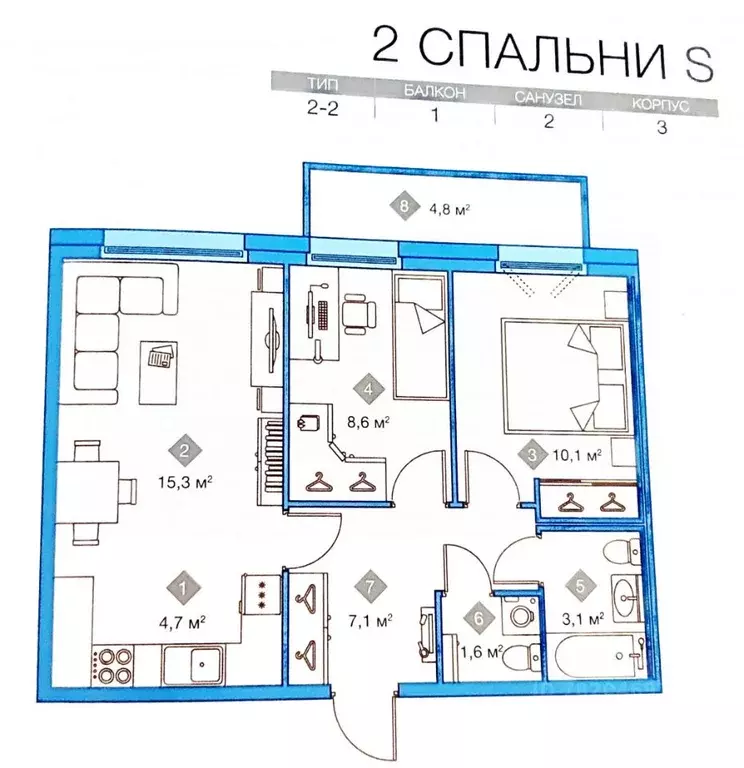 2-к кв. Санкт-Петербург ул. Оптиков, 34К1 (53.0 м) - Фото 2