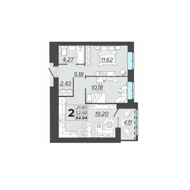 2-к кв. Брянская область, Брянск Архитектор жилой комплекс (54.94 м) - Фото 1