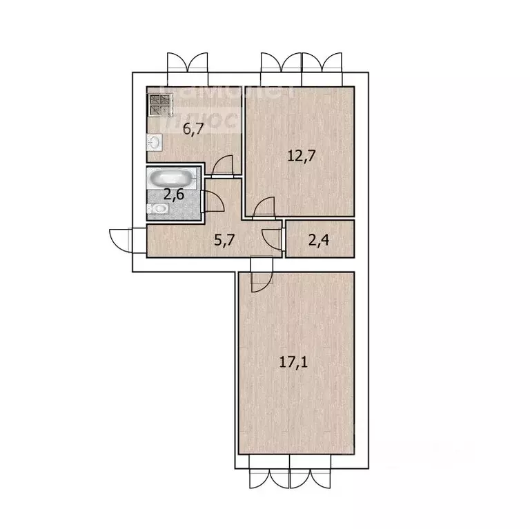 2-к кв. башкортостан, уфа ул. бессонова, 25 (47.1 м) - Фото 1