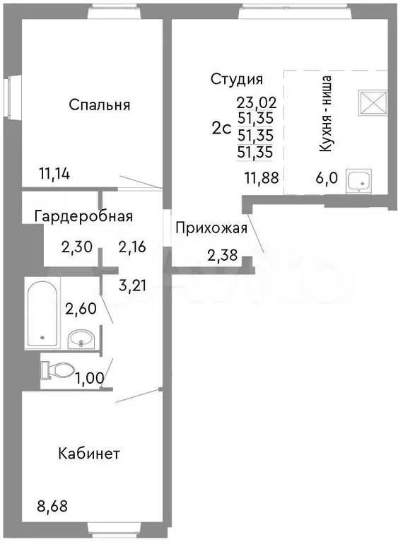 2-к. квартира, 51,4 м, 1/10 эт. - Фото 0