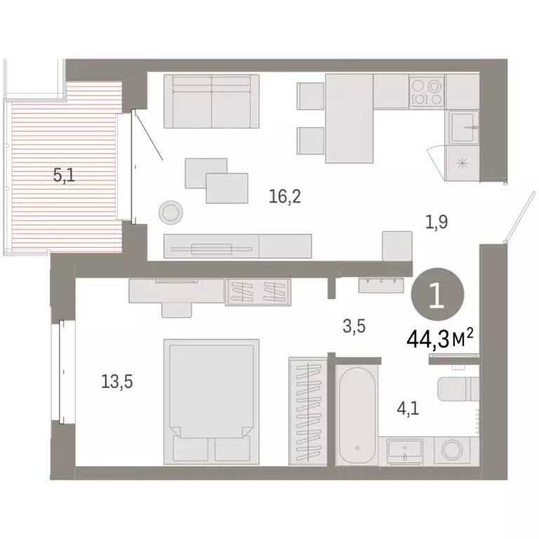 1-комнатная квартира: Тюмень, жилой комплекс На Минской (44.3 м) - Фото 1