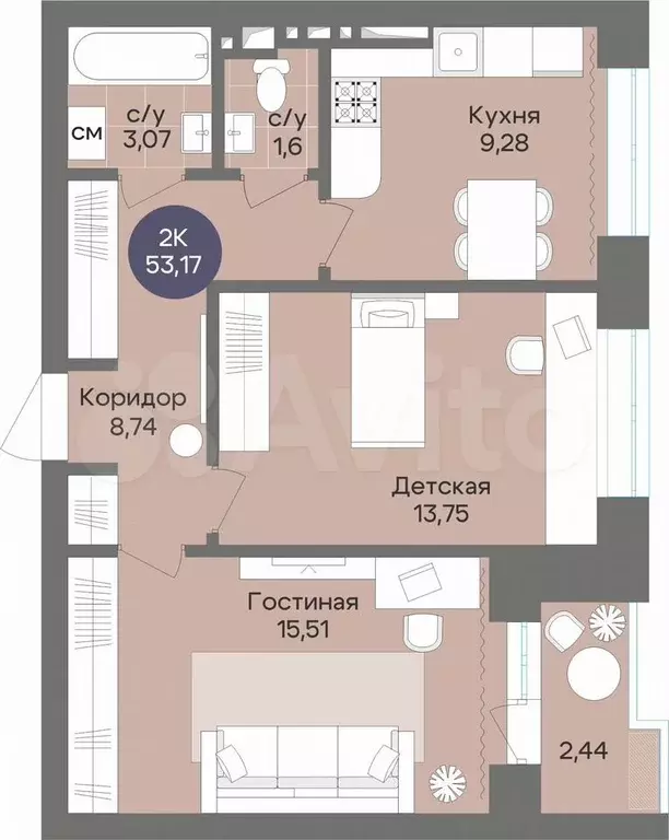 2-к. квартира, 53,2 м, 12/15 эт. - Фото 0