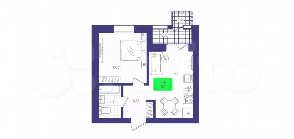 1-к. квартира, 40,1 м, 8/9 эт. - Фото 1