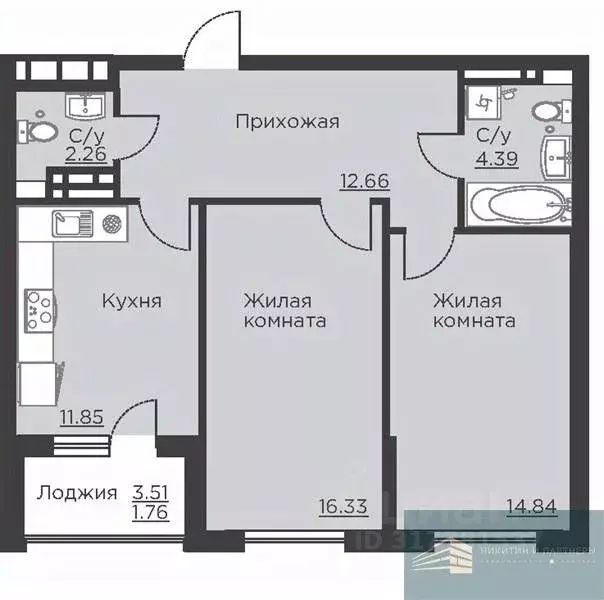 2-к кв. Воронежская область, Воронеж ул. Ломоносова, 116Б (64.1 м) - Фото 0