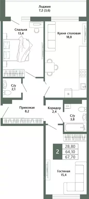 2-к кв. Кемеровская область, Кемерово 64-й мкр, Лучи жилой комплекс ... - Фото 2
