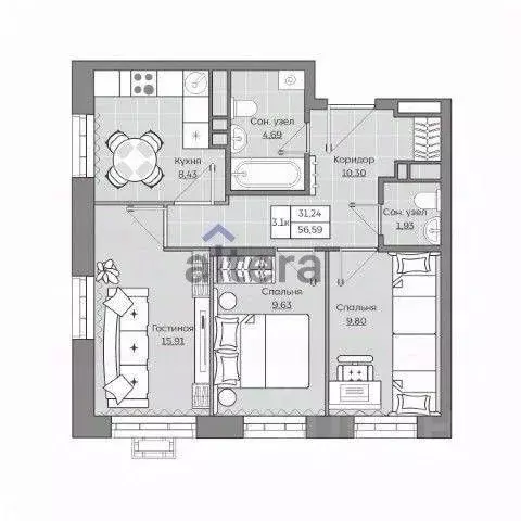 3-к кв. Татарстан, Казань ул. Ярышлар, 6 (56.59 м) - Фото 2