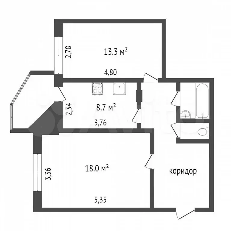 2-к. квартира, 54,8 м, 4/9 эт. - Фото 0