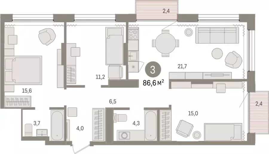 3-комнатная квартира: Тюмень, Краснооктябрьская улица, 4к3 (86.63 м) - Фото 1