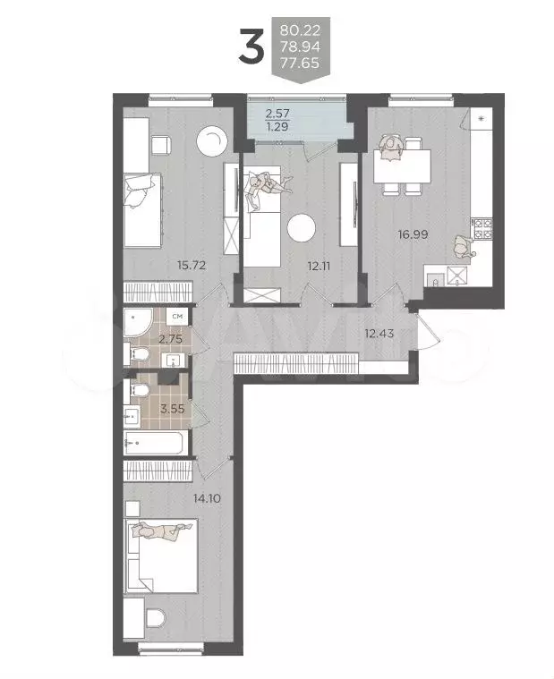 3-к. квартира, 80,2 м, 1/9 эт. - Фото 1