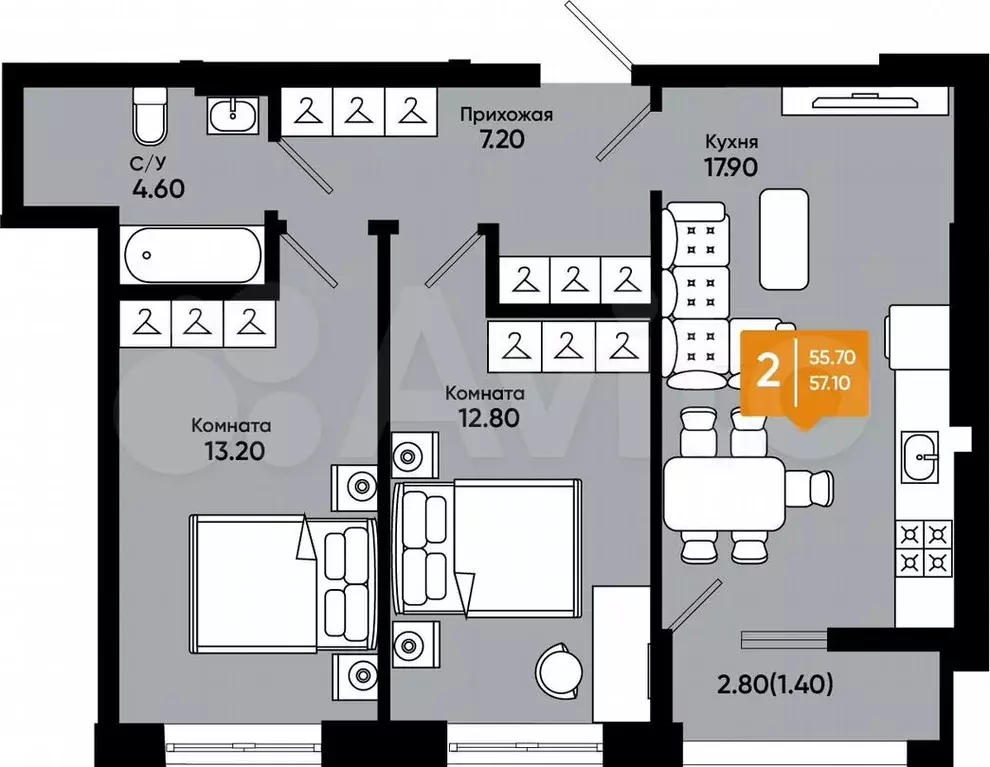 2-к. квартира, 57,1м, 7/9эт. - Фото 1