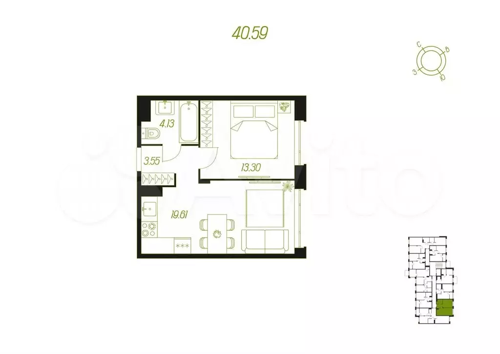 1-к. квартира, 40,6 м, 9/9 эт. - Фото 0