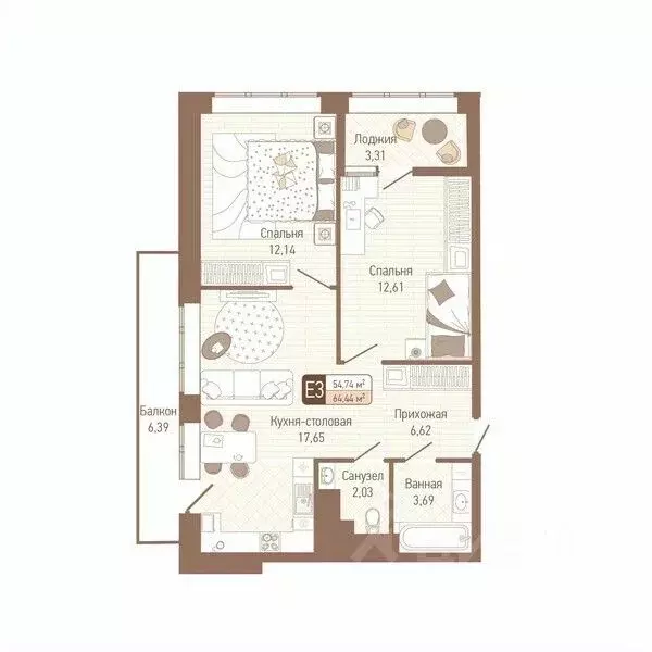 2-к кв. Тульская область, Тула Кулик жилой комплекс (58.32 м) - Фото 1