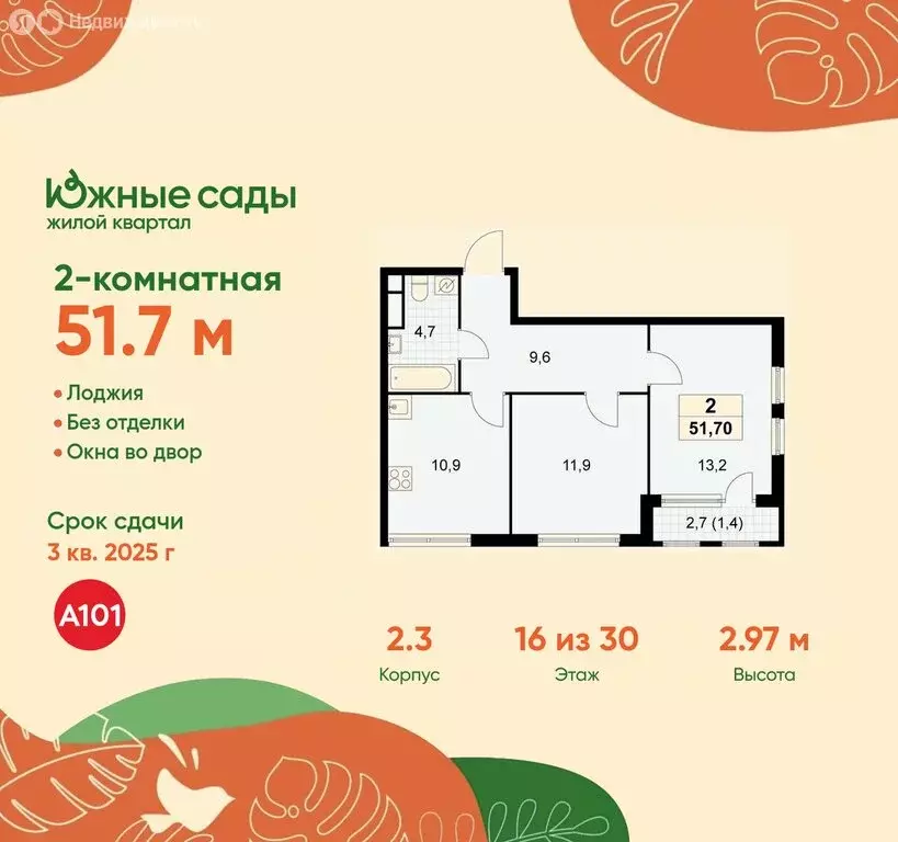 2-комнатная квартира: Москва, жилой комплекс Южные Сады (51.7 м) - Фото 0