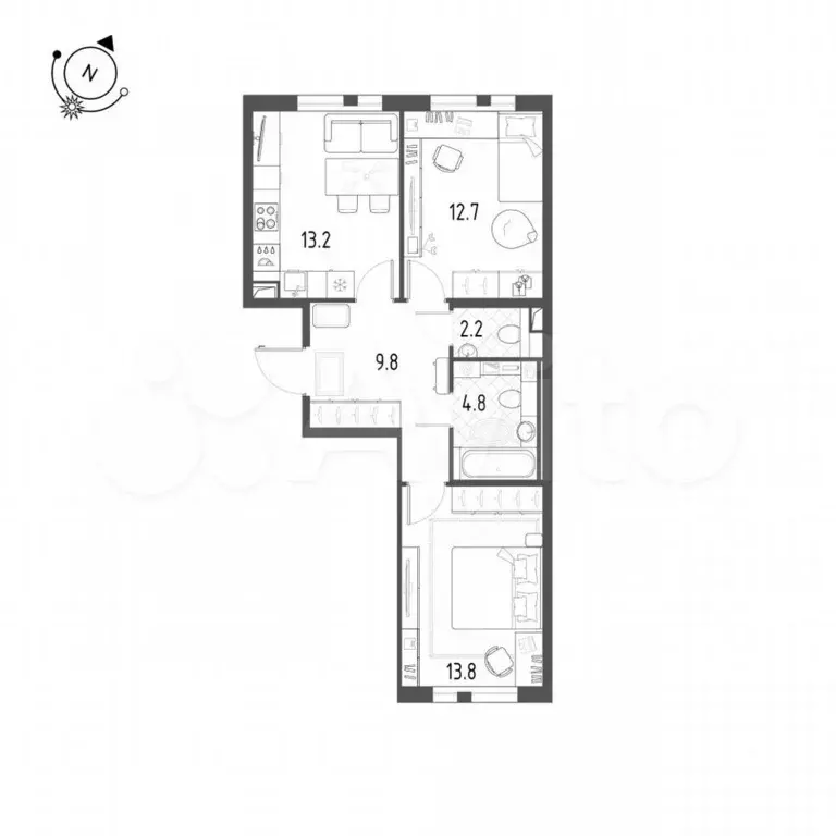 2-к. квартира, 56,5 м, 2/12 эт. - Фото 0