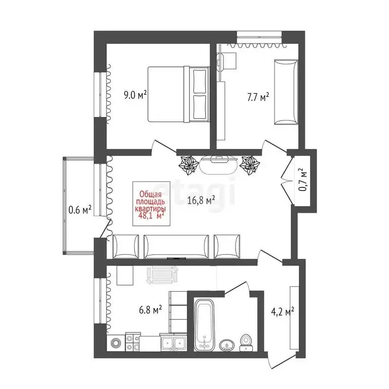 3-комнатная квартира: Северск, улица Калинина, 58 (48.1 м) - Фото 0