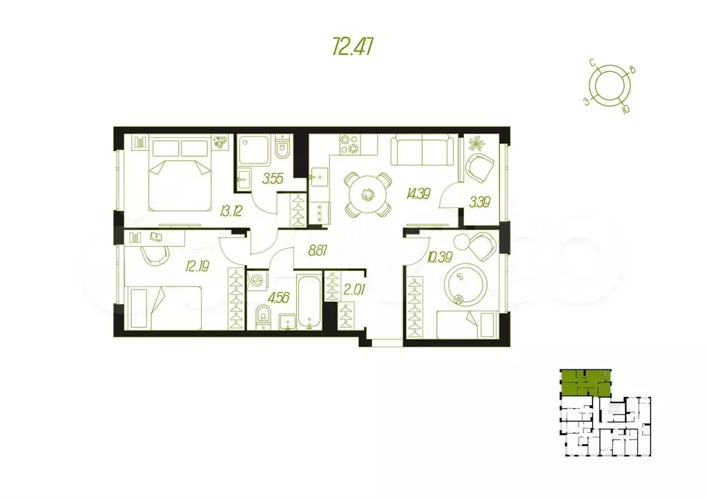 3-к. квартира, 72,5 м, 7/8 эт. - Фото 0