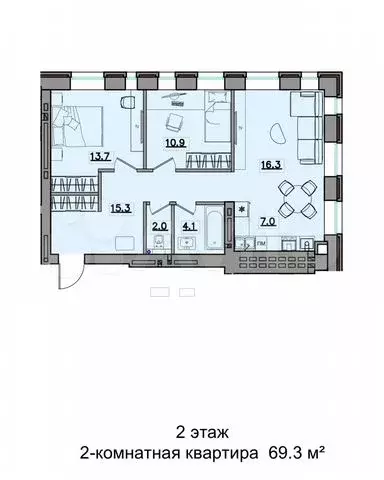 2-к. квартира, 69,3 м, 2/9 эт. - Фото 0