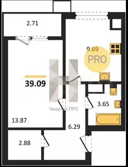 1-к. квартира, 39,1 м, 2/9 эт. - Фото 1