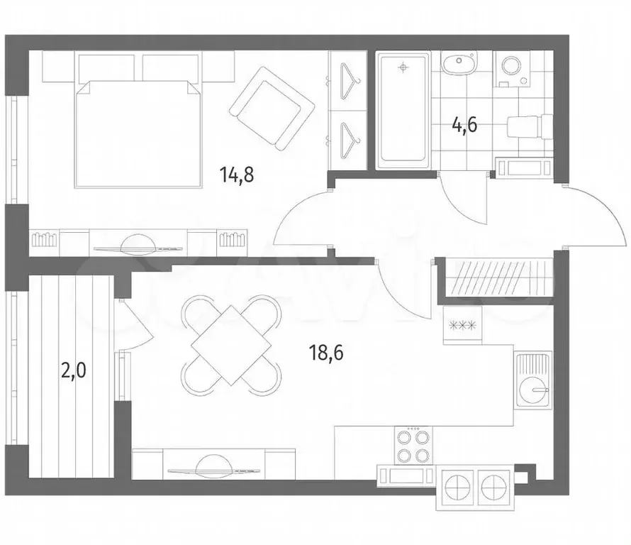 1-к. квартира, 44,9м, 4/8эт. - Фото 1