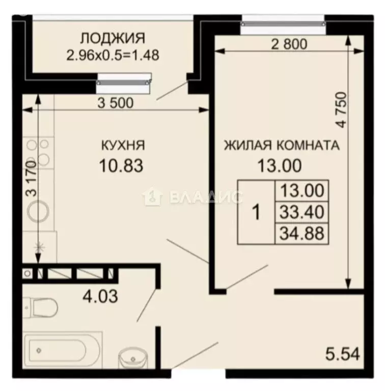 1-комнатная квартира: Краснодар, Скандинавская улица, 1к13 (35 м) - Фото 0