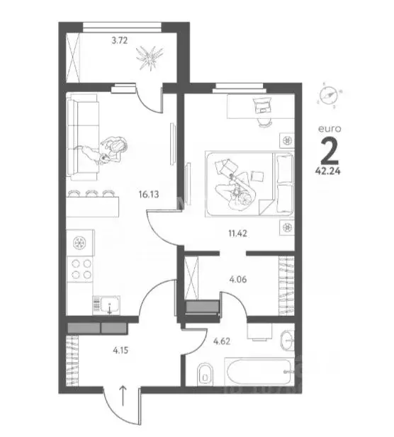 2-к кв. Липецкая область, Липецк Инстеп. Перова жилой комплекс (42.24 ... - Фото 1