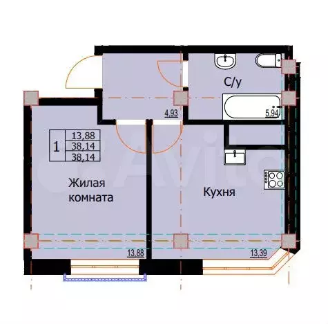 1-к. квартира, 38,1 м, 2/8 эт. - Фото 0