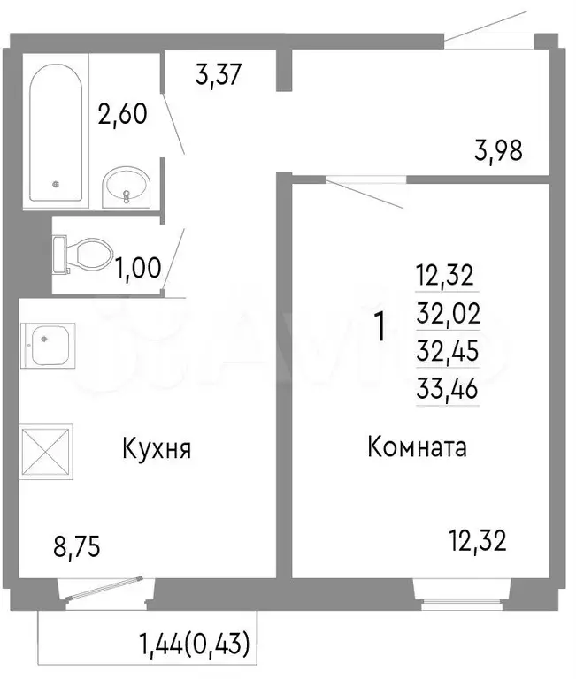 1-к. квартира, 32,5 м, 6/10 эт. - Фото 0