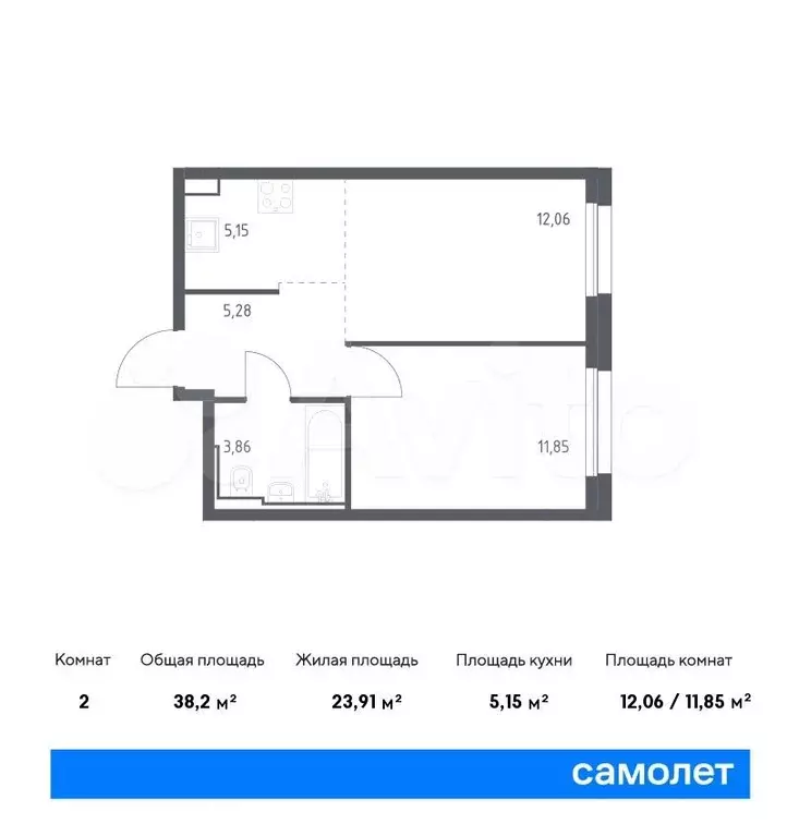 1-к. квартира, 38,2м, 22/23эт. - Фото 0