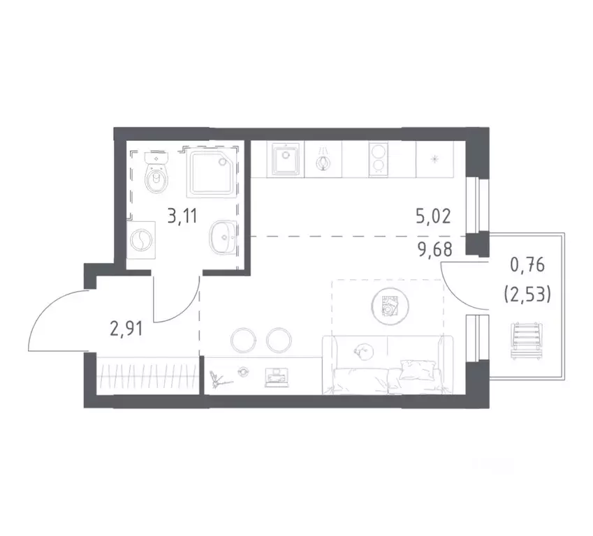 Студия Башкортостан, Уфа ул. Рашита Манурова (21.48 м) - Фото 1
