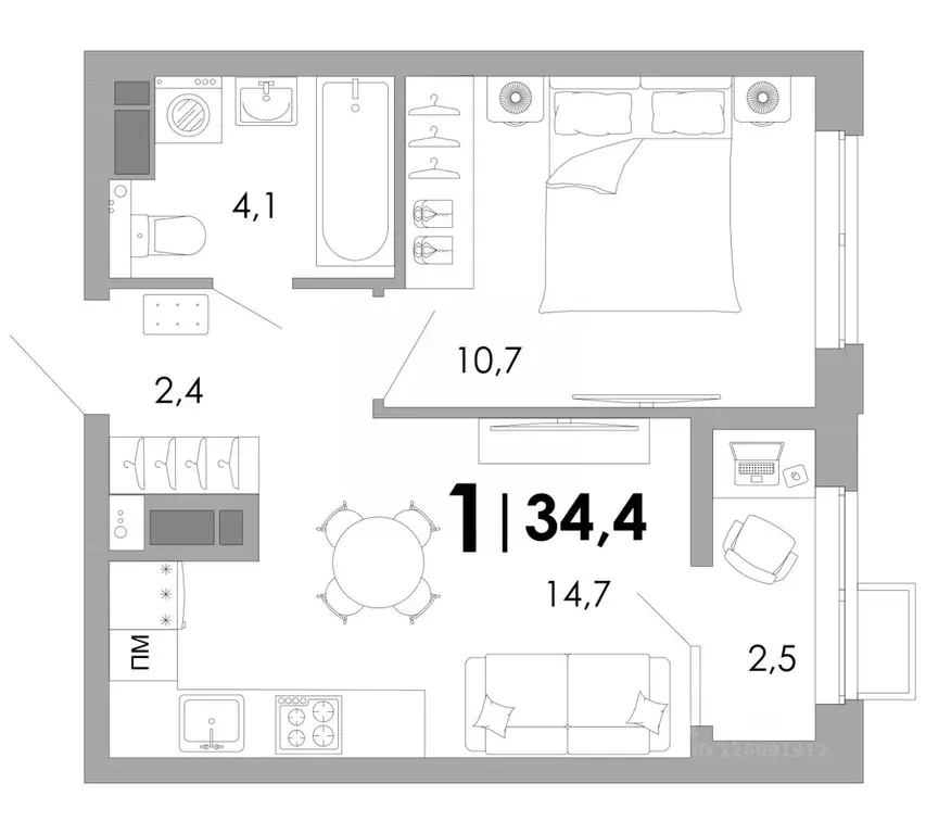 1-к кв. Владимирская область, Владимир Уно жилой комплекс (34.4 м) - Фото 1