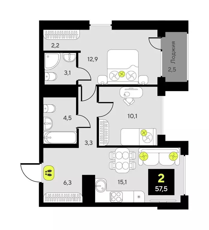 2-комнатная квартира: Тюмень, улица Пожарных и Спасателей, 16 (57.5 м) - Фото 1