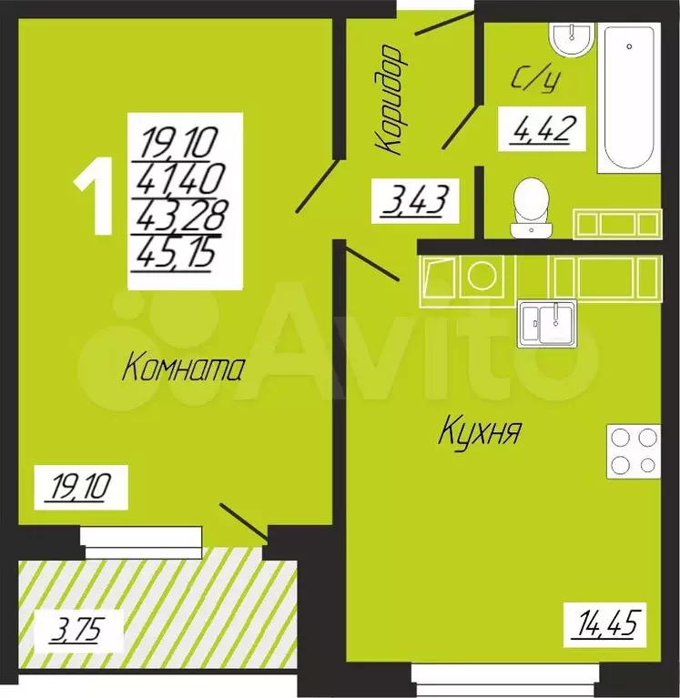 1-к. квартира, 45 м, 2/10 эт. - Фото 0