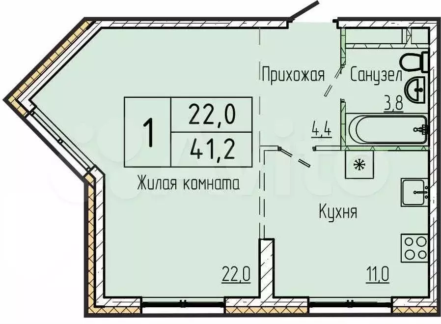 1-к. квартира, 41,2 м, 9/15 эт. - Фото 0