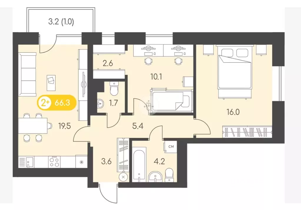 2-к кв. Удмуртия, Ижевск Воткинское ш., 53к1 (66.3 м) - Фото 2
