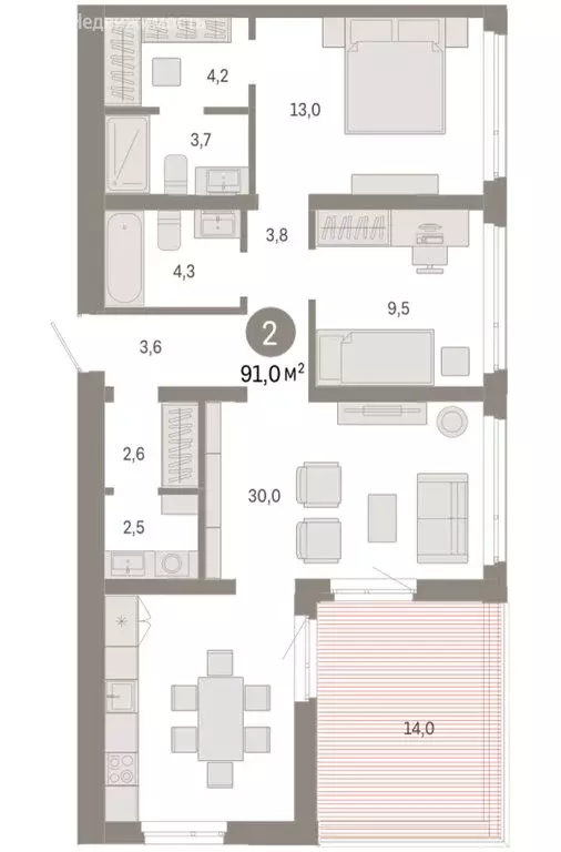 2-комнатная квартира: Тюмень, улица Республики, 205к3 (90.99 м) - Фото 1