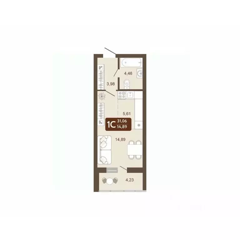 Студия Кемеровская область, Кемерово 58В мкр, 1 (31.06 м) - Фото 2