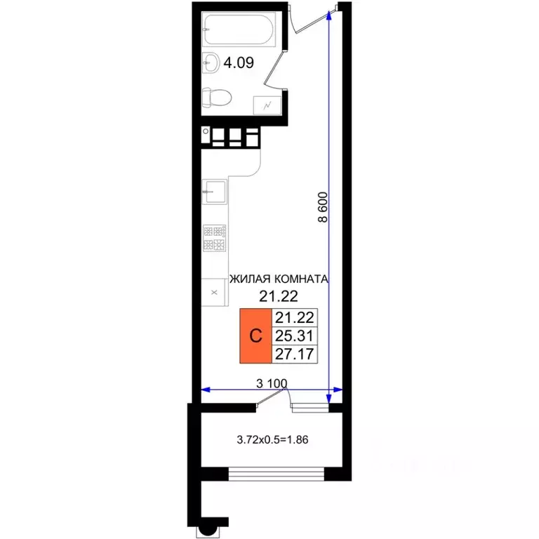 Студия Краснодарский край, Новороссийск 5-я Бригада мкр,  (27.17 м) - Фото 1