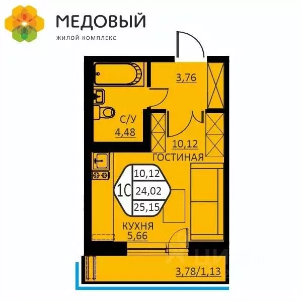 1-к кв. Пермский край, д. Кондратово ул. Н.М. Яблокова, 4 (25.15 м) - Фото 1