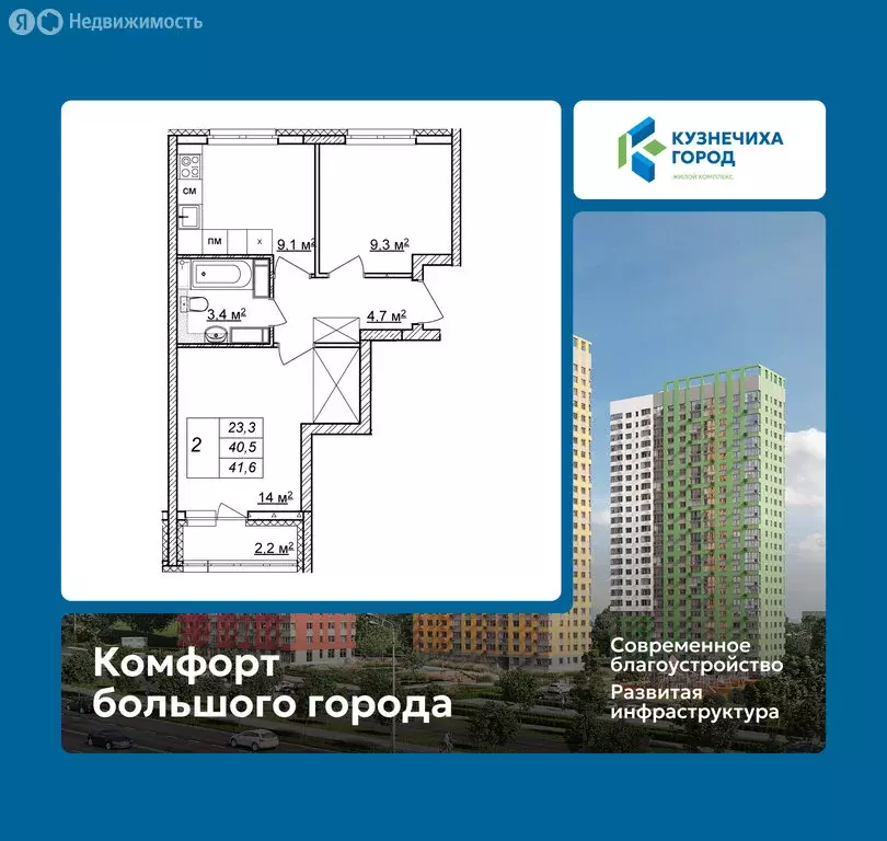 2-комнатная квартира: Нижний Новгород, ЖК Кузнечиха Город, 13 (41.6 м) - Фото 1