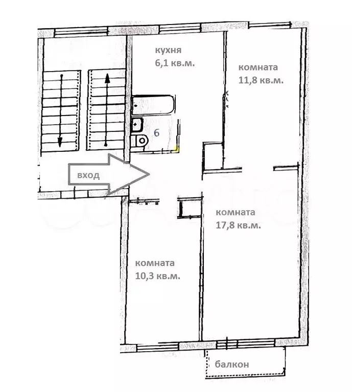3-к. квартира, 56,8 м, 4/5 эт. - Фото 0