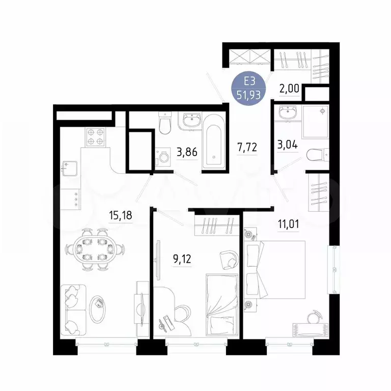 2-к. квартира, 51,9 м, 13/14 эт. - Фото 1